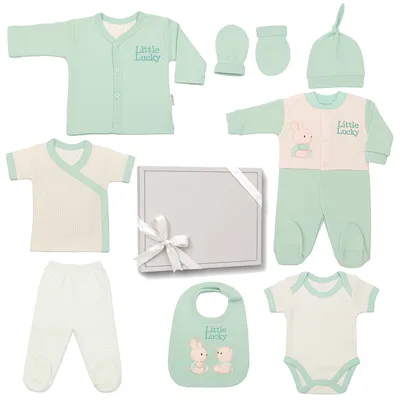 Produktbild von BLUE EYES Baby Geschenk Set 8-teilig, 100% Baumwolle, , Neugeborenen Erstausstattung 0–4 Monate, Grün