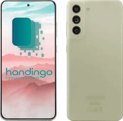 A front and back view of a Samsung Galaxy S21 FE 5G smartphone in Olive color, displayed side-by-side.
