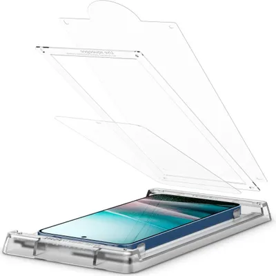 A screen protector being applied to a smartphone using an alignment tool.