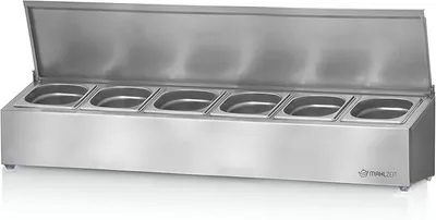 Immagine prodotto di Contenitori per ingredienti in acciaio inossidabile | Contenitori per catering 1/6 GN con piedini in gomma | Contenitori per ingredienti per cocktail, ideali per bar, ristoranti, cucine, postazioni pizza, buffet, insalate (6 contenitori 1/6 GN)