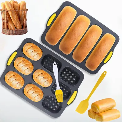 Produktbild von Silikon Baguette Backform Set, 2 Stück Mini-Baguetteformen mit 4 Wellenrillen & 9 Brotbackformen, inkl. Ölpinsel und Schaber,Antihaft & Spülmaschinenf