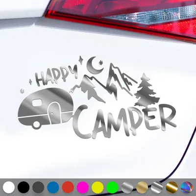 Produktbild von PantherPixel Camper Aufkleber Happy Glücklich Bus Wohnmobil Camping Sticker Auto Geschenkidee Farbe Chrom-Silber