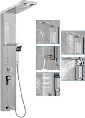 A shower panel system with multiple functions shown in a main image and inset detail shots.