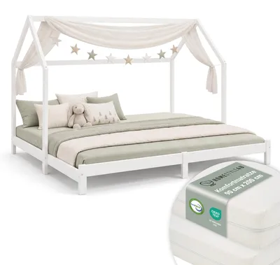 Produktbild von Homestyle4u Kinderbett 90x200 180x200 ausziehbar mit Lattenrost mit Matratze mit Standard 100 Familienbett Kinderbett Hausbett Weiß Holz Kiefer