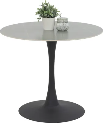 Produktbild von Runder Esstisch Paola - Tischplatte Sintered Stone Matt grau marmoroptik - Trompetengestell Anthrazit - Ø 90x75cm