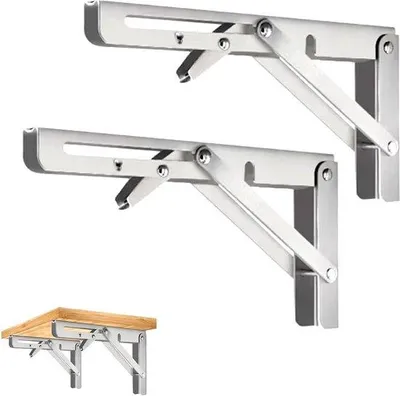 Immagine prodotto di Set di 2 banchi da lavoro pieghevoli in acciaio da 200 mm. Banchi da lavoro pieghevoli ad angolo a 90 gradi. Piano di lavoro pieghevole salvaspazio per ufficio, garage, scrivania, casa, cucina (argento, 200 mm)