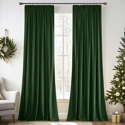 Image de Rideaux en velours - Tissus épais - Décoration de salon - Avec bande antirefoulant - 2 rideaux de 140 x 245 cm - Vert foncé