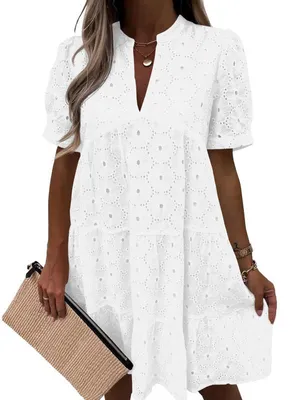 Produktbild von Imily Bela Damen Sommerkleid aus Spitze – Lässiges, fließendes Babydoll-Tunikakleid mit Lochmuster, kurzen Ärmeln und V-Ausschnitt
