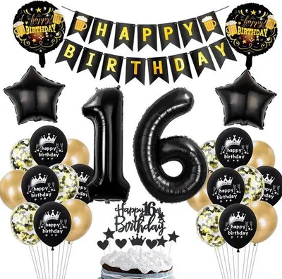 Immagine prodotto di Decorazioni per feste 16° compleanno - palloncini dorati e neri - ragazzo ragazza - decorazioni per compleanno ragazza 16 anni
