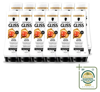 Immagine prodotto di 12 confezioni di balsamo riparatore totale Schwarzkopf Gliss, formato da 200 ml ciascuna. Confezione da 12 pezzi