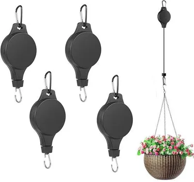 Productafbeelding van 4 stuks plantenhaken, intrekbare plantenhaspels, zwarte bloemmandhouders