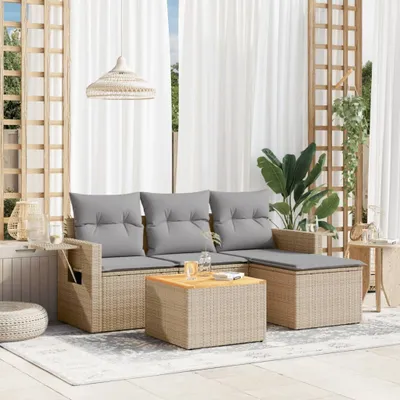 Produktbild von Design 5-tlg. Garten-Sofagarnitur mit Kissen Beige Poly Rattan, Gartensofas 2024 Neu