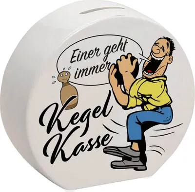 Produktbild von Kegelkasse Spardose Einer geht immer in weiß mit lustigem Kegelspieler Motiv