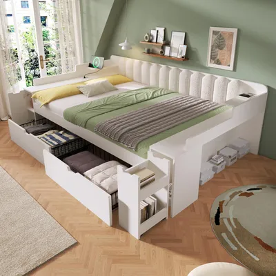 Zdjęcie produktu dla Rozkładana sofa Flieks 140x200 cm z półką boczną, łóżko młodzieżowe z stacją dokującą i szufladami, łóżko dwuosobowe z wózkiem i szafką, metal i drewno, biały