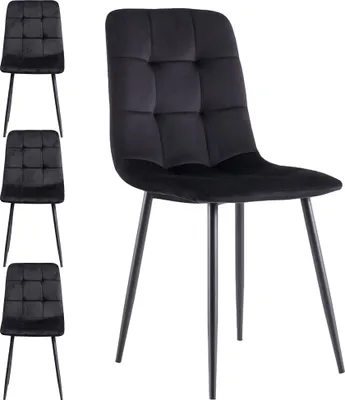 Four black dining chairs are shown against a white background. One chair is in the foreground, angled slightly, while the other three are arranged behind it and to the left, appearing smaller.