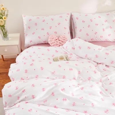 Produktbild von Bettwäsche 140x200cm 2-teilig Weiß Rosa Schleifen Herzen Mikrofaser mit Reißverschluss