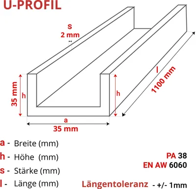 Produktbild von ALUMINIUM U-PROFIL 35x35x35x2 mm 110 cm ALUMINIUM PA38 + ZUSCHNITT NACH MASS