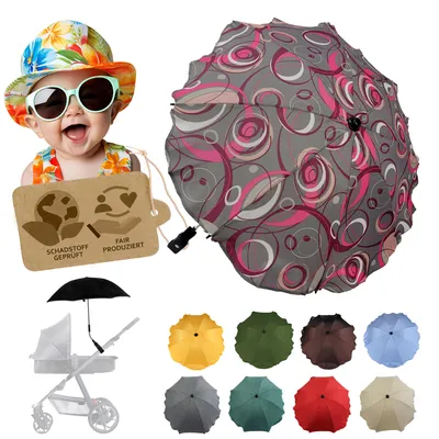 Produktbild von BAMBINIWELT Sonnenschirm für Kinderwagen Ø68cm UV-Schutz50+ Schirm Sonnensegel Sonnenschutz, KRINGEL GRAU PINK