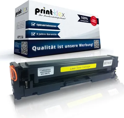A yellow laser toner cartridge and its packaging are displayed against a white background.