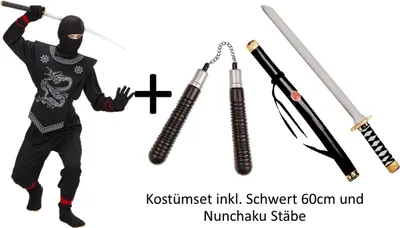 Produktbild von Kostüm schwarzer Ninja komplett Kinder Ninja - Kinderkostüm Set mit Waffen Gr. L - 158 cm