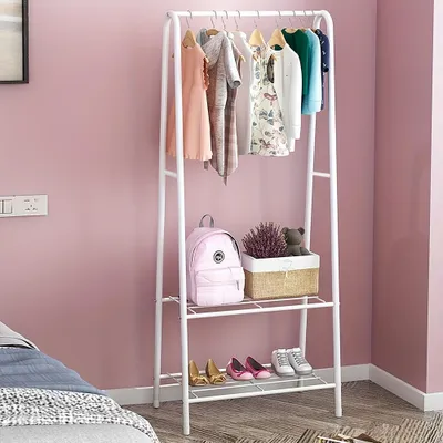 Produktbild von Freistehende, metallische Kleiderstange mit Schuhablage – Kleiderorganizer mit 2 Ablageflächen für das Schlafzimmer