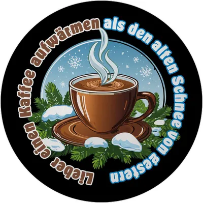 Produktbild von dampfende Kaffeetasse Magnet rund mit Spruch: Kaffee aufwärmen statt alten