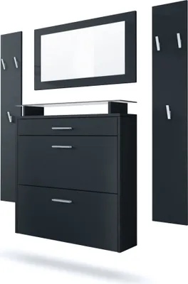 Produktbild von Vladon Garderobe Malea, Garderobenset bestehend aus 1 Hängeschuhschrank, 1 Wandspiegel und 2 Garderobenpaneele, Schwarz matt/Schwarz matt