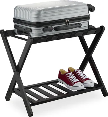 Obrázok produktu pre Stojan na kufre Relaxdays, skladací, bambus, rozmery: 56 x 68,5 x 41,5 cm, stojan na batožinu s odkladacou plochou, hotelový stojan na kufre, čierny