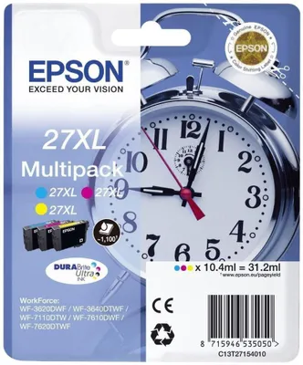 Produktbild von Epson Alarm clock Multipack 3-colour 27XL DURABrite Ultra Ink, High (L) Yield, Cyan, Magenta, Gelb, Tinte auf Pigmentbasis, 10,4 ml, 1 Stück(e), Multipack
