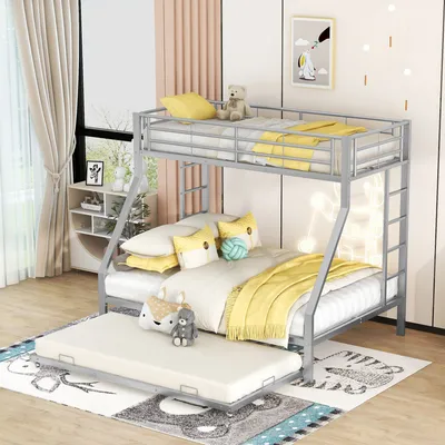 Produktbild von Etagenbett, Metallbett mit ausziehbarem Bett,mit Leiter auf beiden Seiten für Kinder, Jugendliche, Erwachsene, einfach zu montieren, 90/140x200cm, Silber