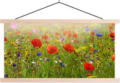 Produktbild von MuchoWow® Textilposter Frühling - Blumen - Rot - Mohn - Gras - Grün 60x30 cm mit holzfarbenen Rahmen - Dekoration