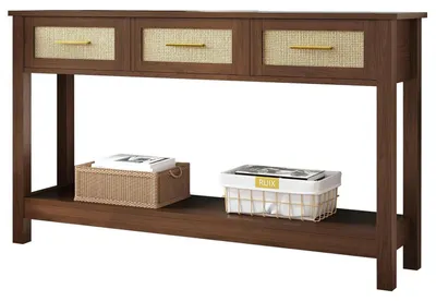 Immagine prodotto di Tavolino consolle stretto con cassetti, dimensioni 120x30x80 cm, in rattan. Tavolino da ingresso o consolle con ripiano aperto, in legno noce