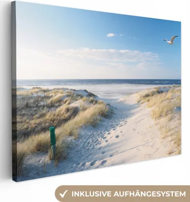 Produktbild von MuchoWow® - Leinwandbilder - Düne - Möwe - Strand - Meer - Sonne, Wandbild, Wanddeko Bilder Wohnzimmer, 80x60cm