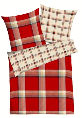 Produktbild von JACK by Kaeppel Fein Biber Bettwäsche 2 tlg. New School Chili Streifen Kariert Rot Creme Blau, Größe:155x220cm Bettwäsche
