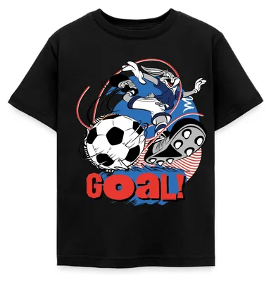 Produktbild von Spreadshirt Looney Tunes Bugs Bunny Fußball Goal Kinder T-Shirt, 98/104 (3-4 Jahre), Schwarz