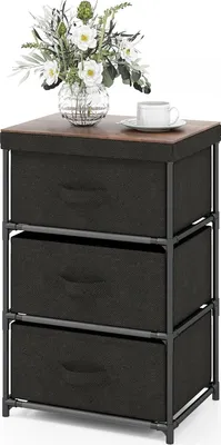 Produktbild von Nachttisch Kommode mit Schubladen, Wohnzimmerschrank Nachtschrank aus Stoff & Metallrahmen, Beistellschrank Schubladenschrank, Schwarz