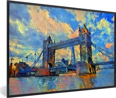 Produktbild von MuchoWow® Gerahmtes Poster Gemälde - London - Brücke - Öl 90x60 cm - Poster mit Schwarzem Bilderrahmen Wandposter Rahmen Foto Bilder - Fotorahmen - Foto-Plakat