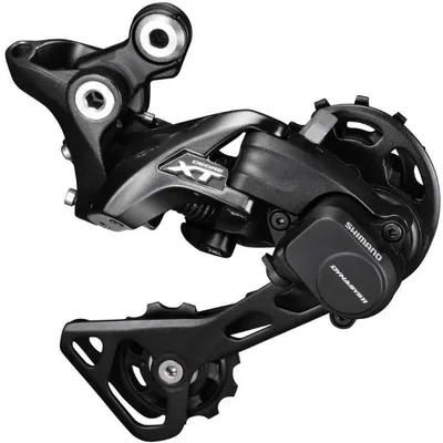 A black bicycle rear derailleur is shown against a white background.