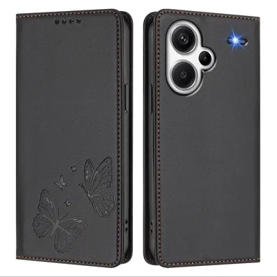 Produktbild von Lederhülle für Xiaomi Redmi Note 13 Pro+, Schmetterling Prägung Leder Brieftasche Schutzhülle mit Ständer Schwarz