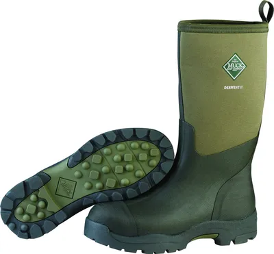 A pair of green muck boots, one standing upright and the other lying on its sole, against a white background.