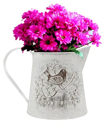 Produktbild von Vintage Blumentopf Metallvase Retro 13 cm - Französische Milchkanne Deko im Landhausstil mit Griff - Rustikale Blumenvase mit Vogelmotiv - Topf für Zuhause, Hochzeit und Büro