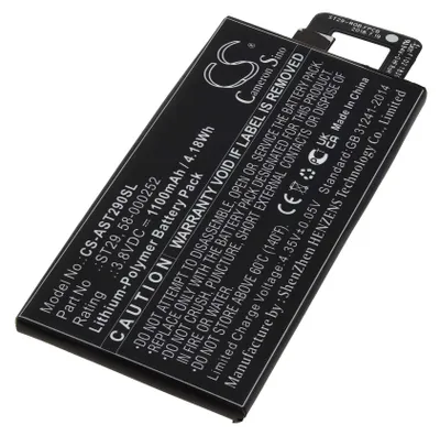 A black lithium-polymer battery pack with white text and logos.