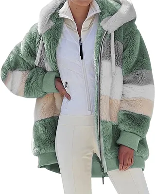 Produktbild von ASKSA Damen Fleecejacke Strickjacke Einfarbig Reißverschluss Kunstpelzjacke mit kapuze, A-Grün, M