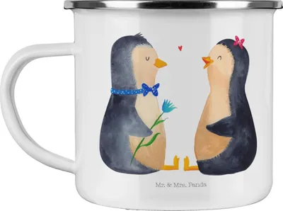Produktbild von Mr. & Mrs. Panda Emaille Tasse Pinguin Pärchen - Weiß - Geschenk, Hochzeit, Kaffeepott, Hochzeitstag, Verknallt, Teetasse, becher, Liebe, Pott, Hochzeitsgeschenk