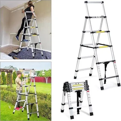 Zdjęcie produktu dla Aluminiowy teleskopowy podnośnik, wysokość 1,4 m + 1,7 m, 4 + 5 stopni, przenośny, antypoślizgowy, udźwig 150 kg