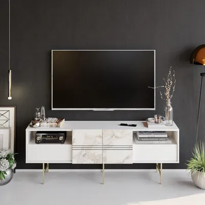 Produktbild von Skye Decor, Hochwertiger TV-Ständer, 180 x 64,7 x 37,1 cm, 100% melaminbeschichtete Spanplatte, 18 mm dick, mit Wandmontage, zahlreiche Regale, elegantes weißes Design.