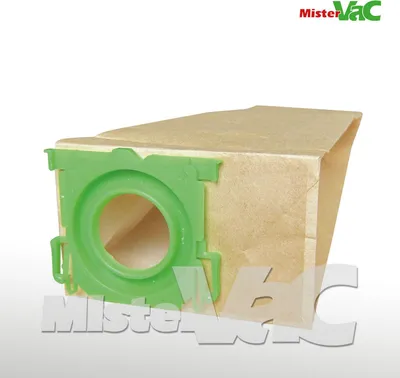 A vacuum cleaner bag with a green plastic connector is shown against a white background.