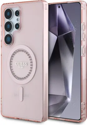 A pink phone case with a clear back and a ring of rhinestones around the Guess logo is shown next to a smartphone.