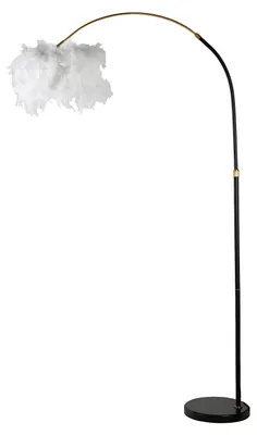 Image de Lampadaire Arc Plur 100 X 180 Cm - Lampadaire Incurvé Glamour En Métal Et Marbre - Abat-Jour En Plumes Synthétiques - Douille E27, 40 W, 220 V