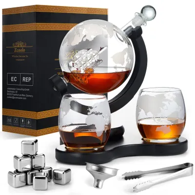 Whisky-Dekanterset 850 ml mit 2 Gläsern, Trichter & 8 Steinen
